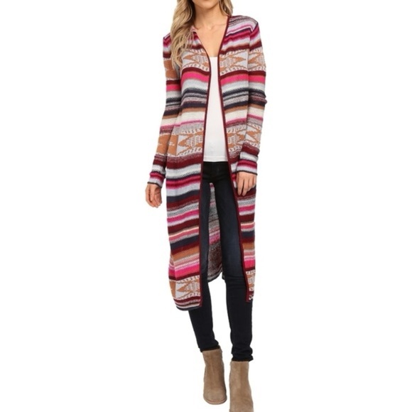 Billabong Sweaters - Billabong Long Striped Open-Front Fade to Dust Cardigan in Pink, Tan & Black